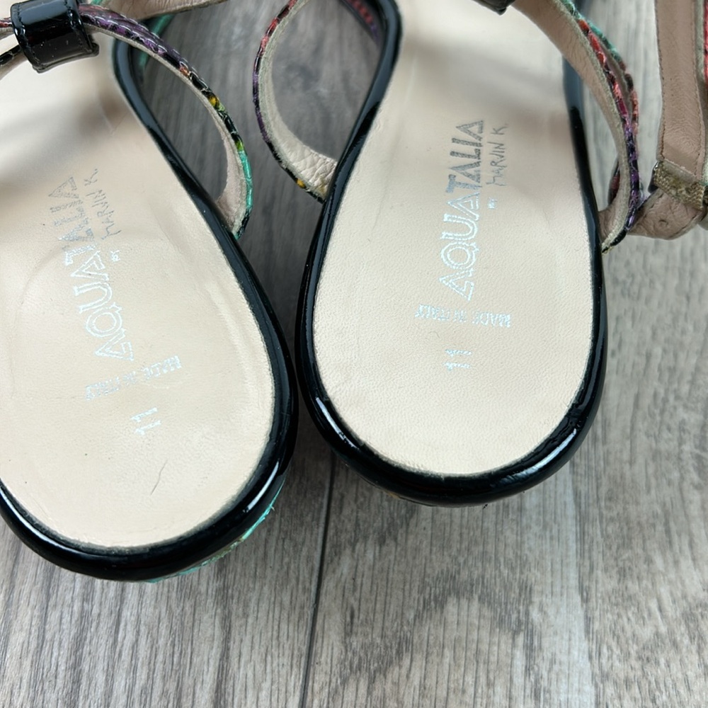 Aquatalia multi color snakeskin and black patent low wedge Sandals 11 - Picture 5 of 8